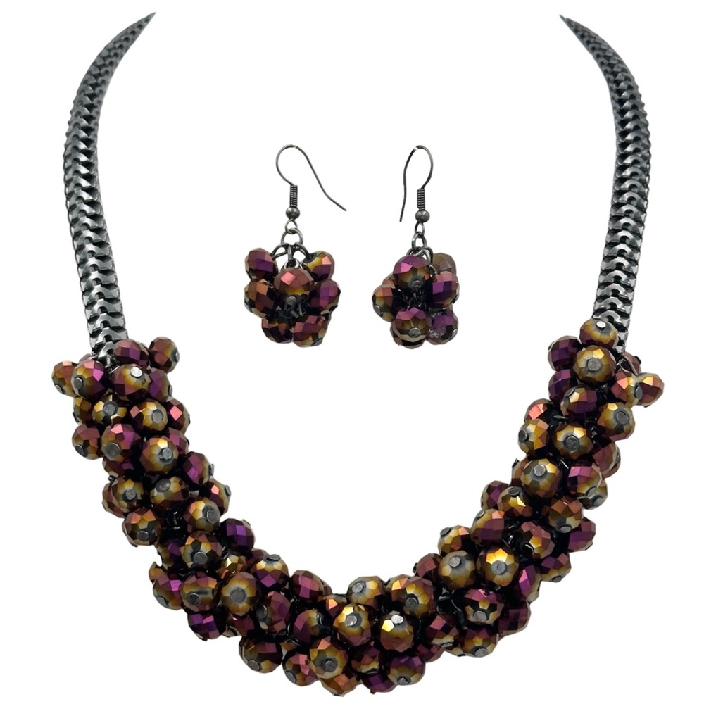 Maroon Gold Glass Bead Cluster Gun Metal Statement Necklace Earrings Set